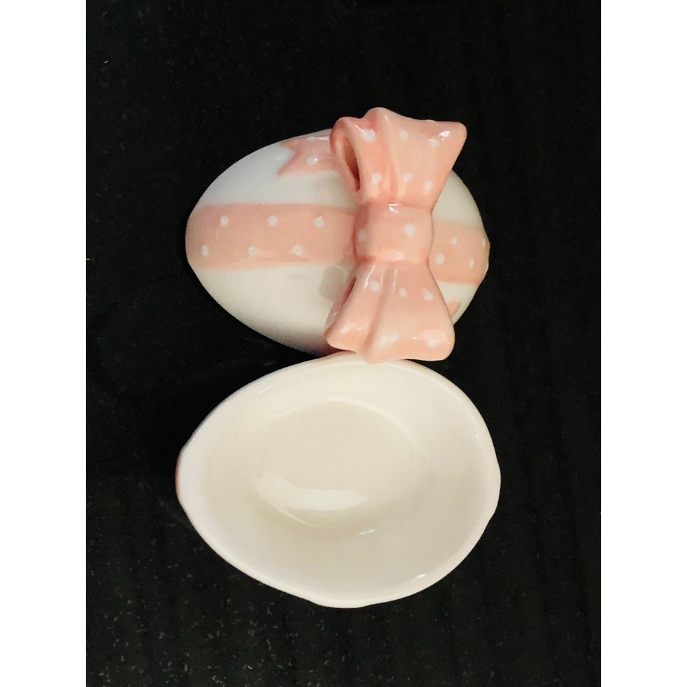 Jay Willfred Andrea by Sadek Egg Trinket Box Pink White & Polka Dot Bow Vintage - Picture 2 of 7